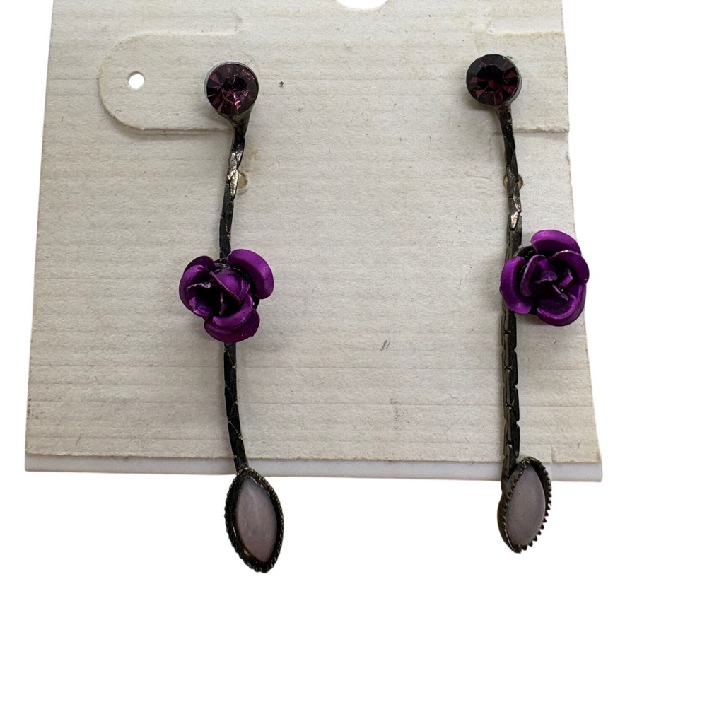 Vintage Purple Rose Rhinestone Long Drop Earrings Gunmetal Tone Floral Dangle